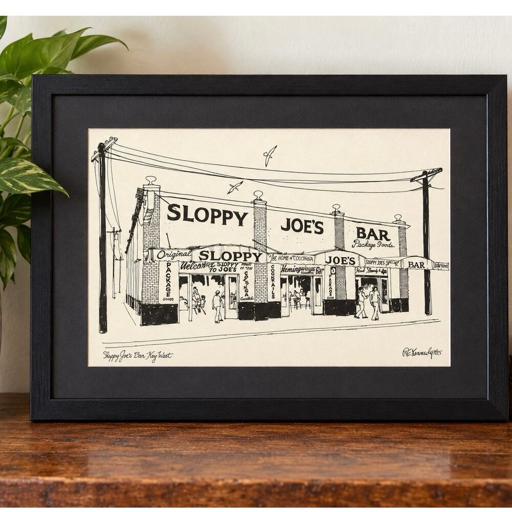 R.E. Kennedy Sloppy Joe’s Bar Pen Drawing Art Print Matted Ink Drawing Signed
